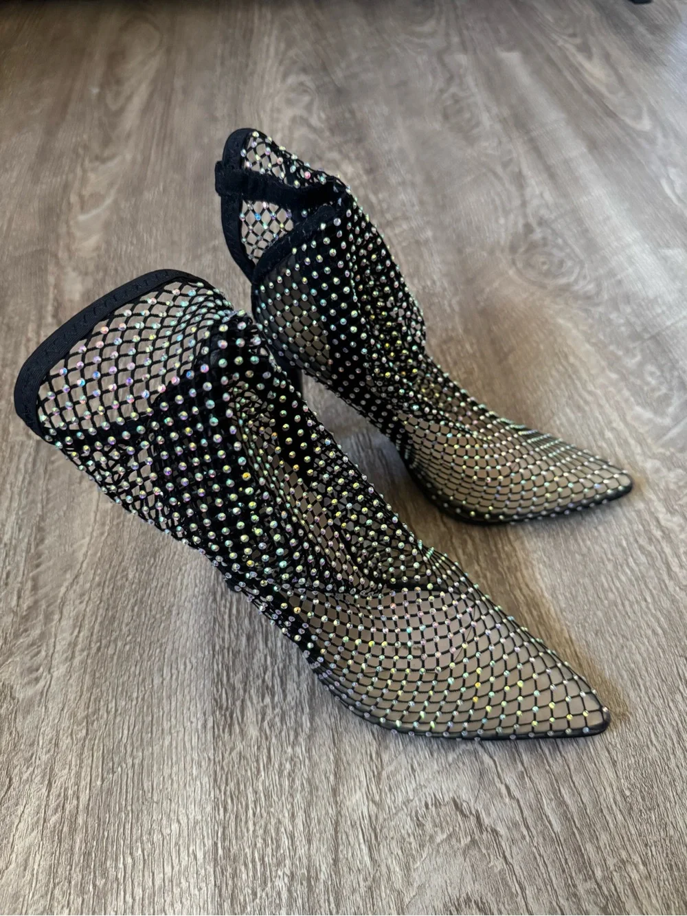 Public Desire Black Crystal Fishnet Mesh Pointed Toe Sock Booties UK 4 US 6